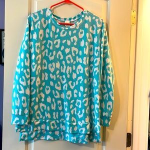 Sz S Turquoise/White Cheetah Print “Sew In Love” Long Sleeved Shirt